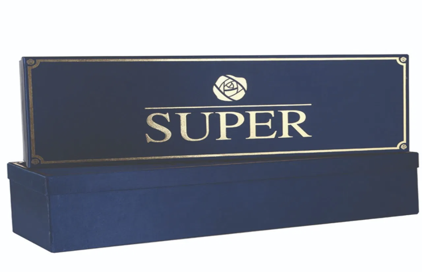 Navy blue rigid box with gold foil